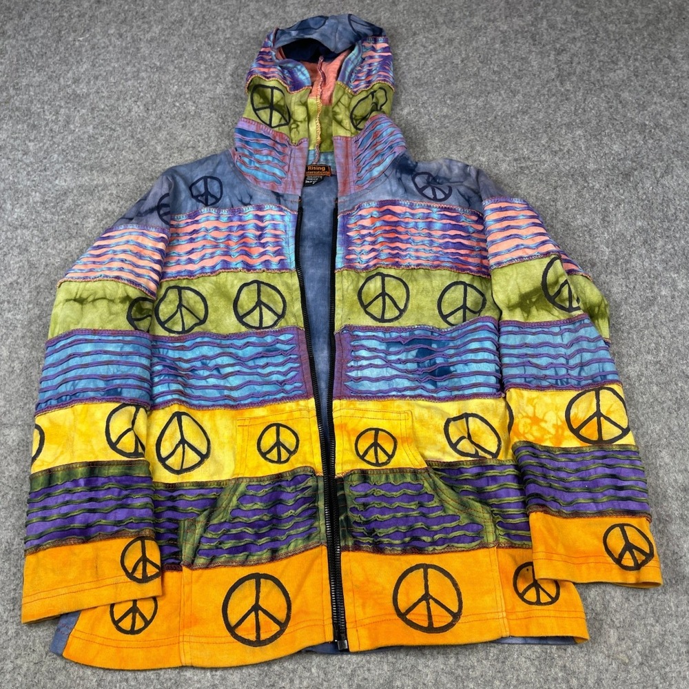 Rising International Peace Sign Patchwork Razor Cut Tie Dye Hoodie Small No Zip